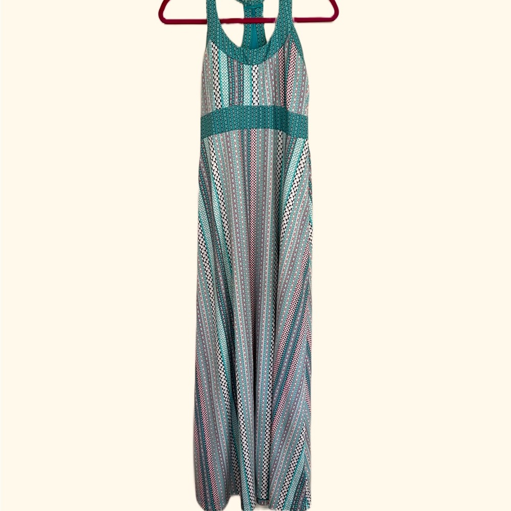 Prana teal geometric maxi dress with built in bra womens size small
